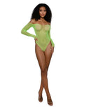 Dreamgirl Rhinestone Off Shoulder Bodystocking Neon Lime worn by a model, showcasing a bold and vibrant design.