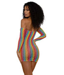 Dreamgirl Mini Dress With Arm Warmers Rainbow OS showing a model from the back in a colorful, body-hugging design.