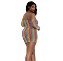 Dreamgirl Mini Dress With Arm Warmers Rainbow Queen Size showcasing a colorful, snug fit on a model from the back.