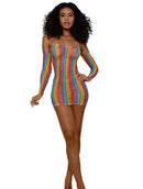 Dreamgirl Mini Dress With Arm Warmers Rainbow OS worn by a model, showcasing its vibrant rainbow design and body-hugging fit.
