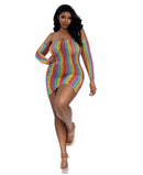 Dreamgirl Mini Dress With Arm Warmers Rainbow Queen Size on model showcasing vibrant colors and flattering fit.