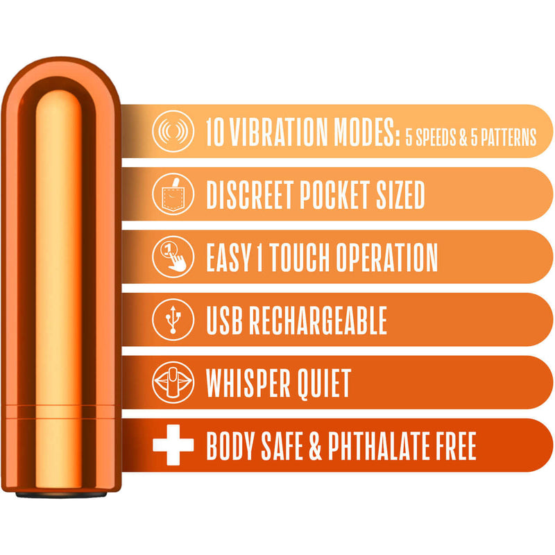 Kool Vibes Rechargeable Mini Bullet Vibrator Tangerine with 10 Vibration Modes, Discreet Size, Easy Operation, USB Rechargeable, Whisper Quiet, Body Safe