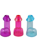 Penis Shooters Double Shot Glasses Assorted Colors 12 Pack in purple, pink, and blue for festive fun