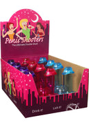 Penis Shooters Double Shot Glasses Assorted Colors 12 Pack in a colorful display box for parties.