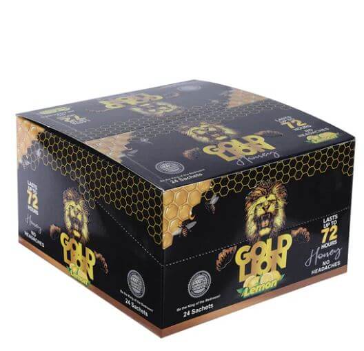 Gold Lion Honey Lemon 24 Pc Display box for Men's Vitality Support, featuring natural ingredients and sweet citrus flavor.