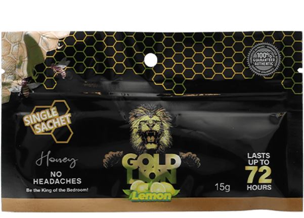 Gold Lion Honey Lemon single sachet for men's vitality support, offering a sweet citrus taste and lasting effects.
