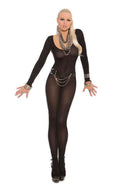Sheer Long Sleeve Bodystocking Black OS displayed on model, featuring form-fitting design and modern styling.