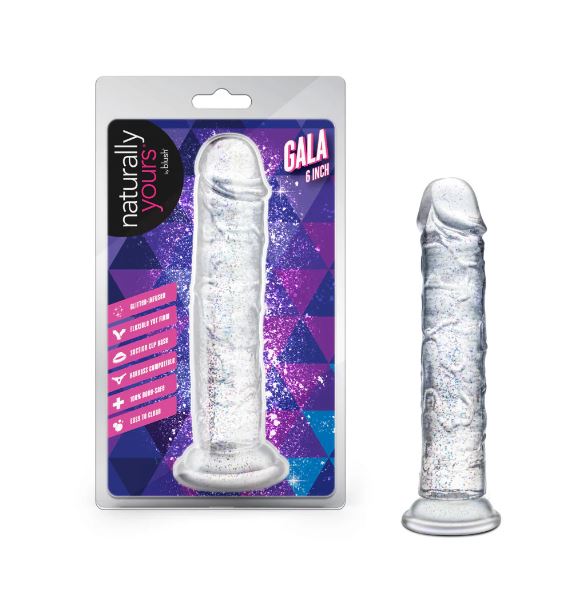 Naturally Yours Gala Dildo 6 inches Sparkling Clear in packaging with glittery design and crystal-clear body.