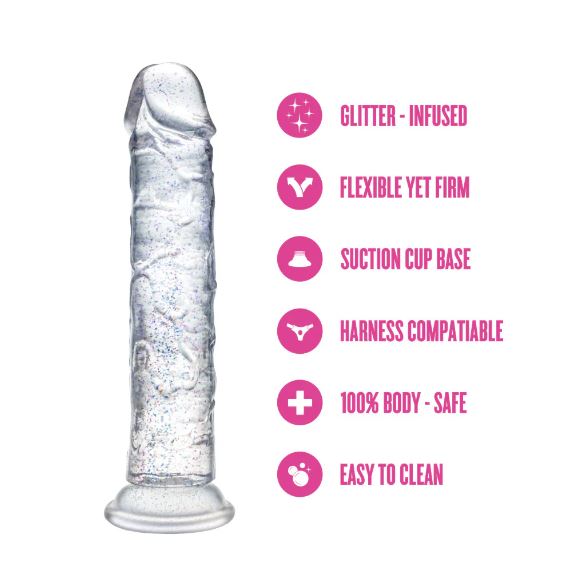 Naturally Yours Gala Dildo 6 inches Sparkling Clear with glitter-infused design and suction cup base.