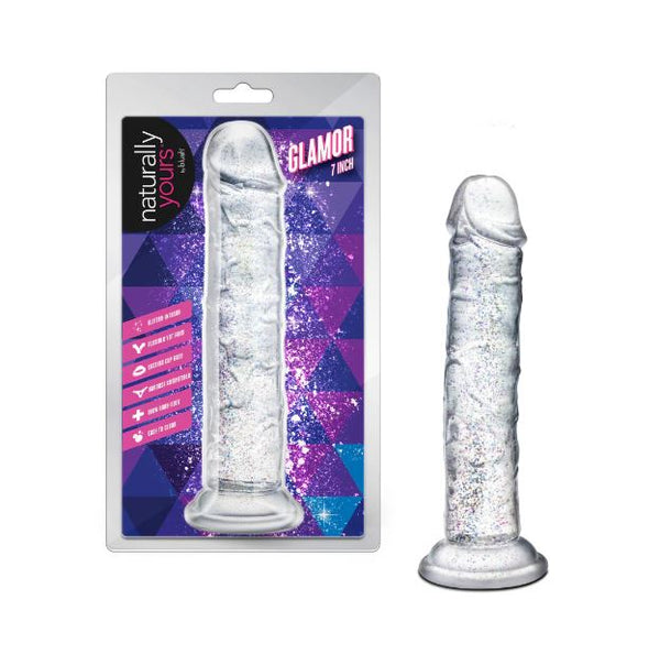 Naturally Yours Glamor Dildo 7 inches Sparkling Clear in packaging with glittery design.