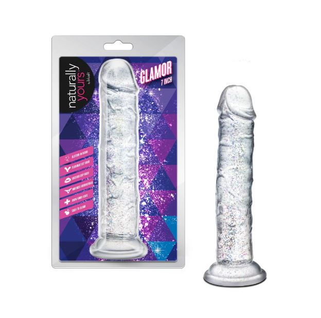 Naturally Yours Glamor Dildo 7 inches Sparkling Clear in packaging with glittery design.
