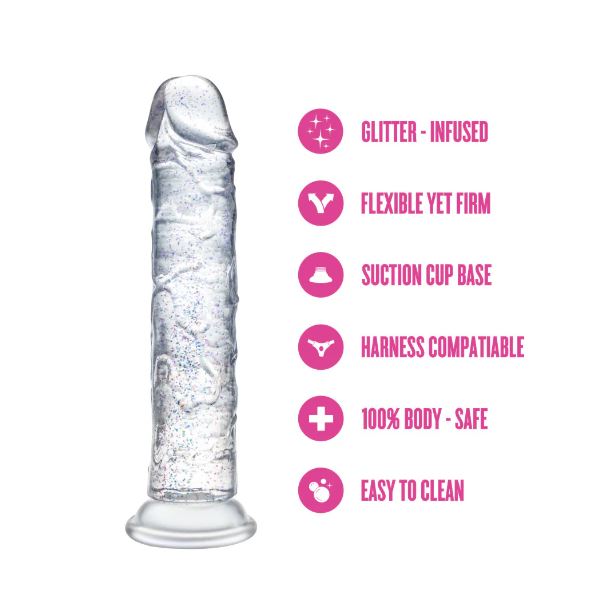 Naturally Yours Glamor Dildo 7 inches Sparkling Clear showcasing its glitter-infused design and suction cup base.