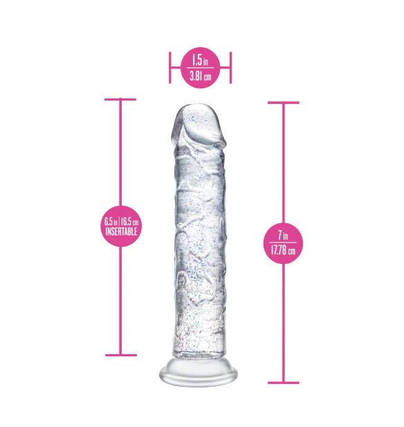 Naturally Yours Glamor Dildo 7 inches Sparkling Clear showcasing its dazzling design and dimensions.