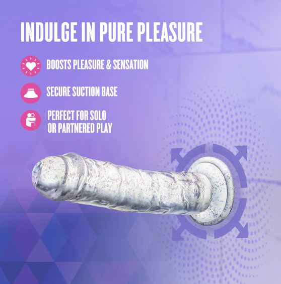 Naturally Yours Glamor Dildo 7 inches Sparkling Clear with secure suction base for solo or partnered play.