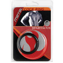 Spartacus Metal Cock Rings 2 Pack Black packaging with a metal cock ring and a model in the background.