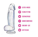 Naturally Yours Bling Dildo with Balls 7.5 inch Sparkling Clear showing features like glitter-infused, flexible yet firm, suction cup base.