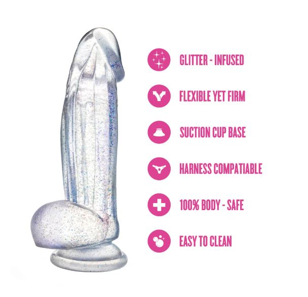 Naturally Yours Bling Dildo with Balls 7.5 inch Sparkling Clear showing features like glitter-infused, flexible yet firm, suction cup base.