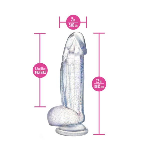 Naturally Yours Bling Dildo with Balls 7.5 inch Sparkling Clear dimensions including height and insertable length.
