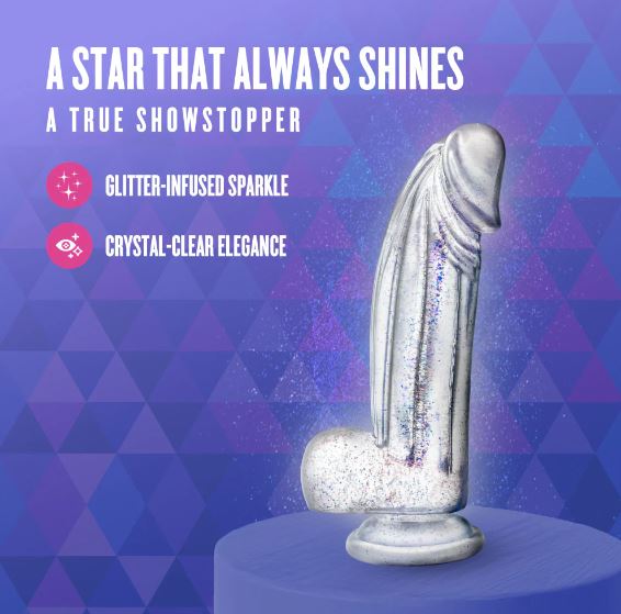 Naturally Yours Bling Dildo with Balls 7.5 inch Sparkling Clear on display with glitter-infused sparkle and crystal-clear elegance.