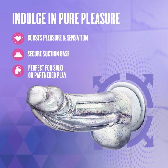 Naturally Yours Bling Dildo with Balls 7.5 inch Sparkling Clear with secure suction base for versatile play.