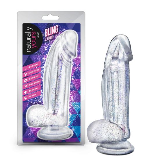 Naturally Yours Bling Dildo with Balls 7.5 inch Sparkling Clear shown in packaging, featuring a glitter-infused design.