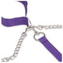 Close-up of the Lux Fetish Collar Cuffs & Leash Set Purple featuring adjustable straps and metal attachments.
