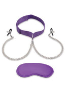 Lux Fetish Collar & Nipple Clamps Purple bondage accessory set with adjustable collar, nipple clamps, and soft purple blindfold.