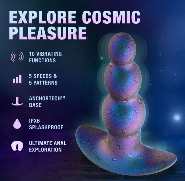 Lunar Blue Anal Adventures Matrix Expedition Plug with 10 vibrating functions, featuring AnchorTech base and IPX6 splashproof design.