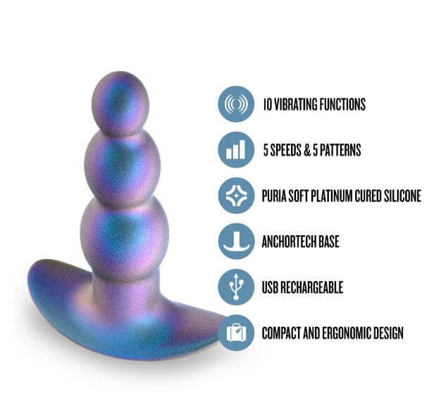Anal Adventures Matrix Expedition Lunar Blue plug with 10 vibration modes, ergonomic design, and USB rechargeable silicone material.