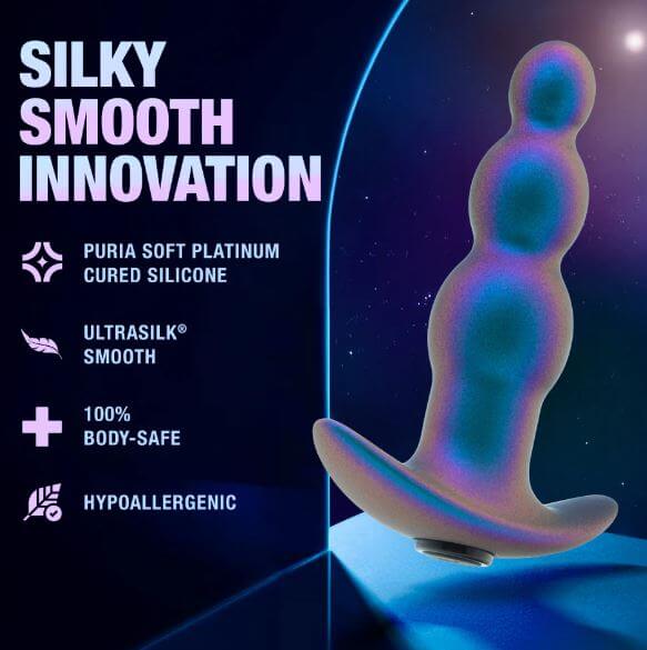Anal Adventures Matrix Expedition Plug in Lunar Blue with three beads, 10 vibration modes, made of silky, body-safe silicone.