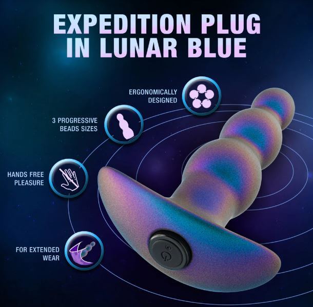 Anal Adventures Matrix Expedition Plug in Lunar Blue with ergonomic design, 3 bead sizes, hands-free pleasure, extended wear.