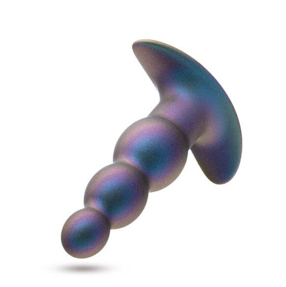 Anal Adventures Matrix Expedition Plug in Lunar Blue with graduated beads for anal training and 10 vibration modes.