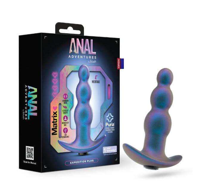 Anal Adventures Matrix Expedition Plug in Lunar Blue with packaging, featuring 10 vibration modes and graduated beads for comfortable exploration.