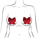Pastease Holographic Red Bow Pasties on a body illustration, showcasing playful and festive nipple covers.