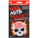 Fkn Nuts Korean BBQ Carolina Reaper Pistachios 3 Oz packaging featuring skull design and fiery graphics.