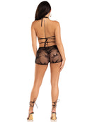 Back view of 2 Pc Mary Jane Wrap Around Bra Top and Boy Shorts Black in seductive design, perfect for date nights.