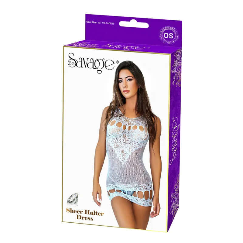 Sheer halter dress blue lingerie packaging featuring model in elegant design, showcasing a mix of mesh and lace details.