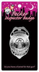 Pecker Inspector Badge displayed on a playful card for bachelorette parties and adult celebrations.