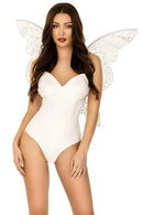 Model wearing Iridescent Glitter Fairy Wings One Size Multicolor costume, showcasing shimmering wings and elegant outfit.