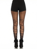 Leg Avenue Bat Wing Sheer Tights Black One Size with bat design worn with black shorts and heeled boots.