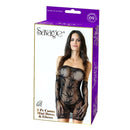 2 Pc Canna Mini Dress Lingerie and Gloves packaging featuring model in sheer black outfit with leaf design.