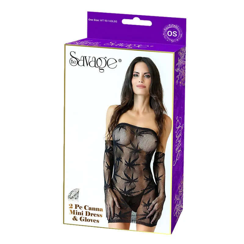2 Pc Canna Mini Dress Lingerie and Gloves packaging featuring model in sheer black outfit with leaf design.