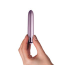 Touch of Velvet Soft Lilac 90mm Bullet Vibrator held in hand, showcasing its sleek design and tapered tip.
