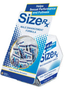 Size RX Male Enhancement Lotion 50 Count Fishbowl display with individual packets for sexual performance.