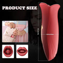 Clitoral vibrator size comparison and design features with lipstick shape illustration and product dimensions.