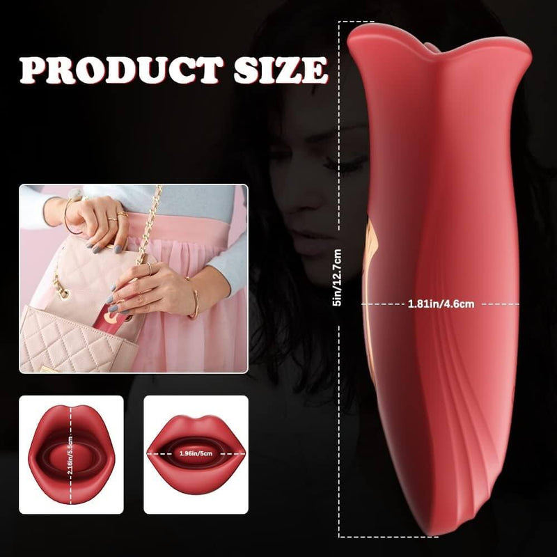 Clitoral vibrator size comparison and design features with lipstick shape illustration and product dimensions.