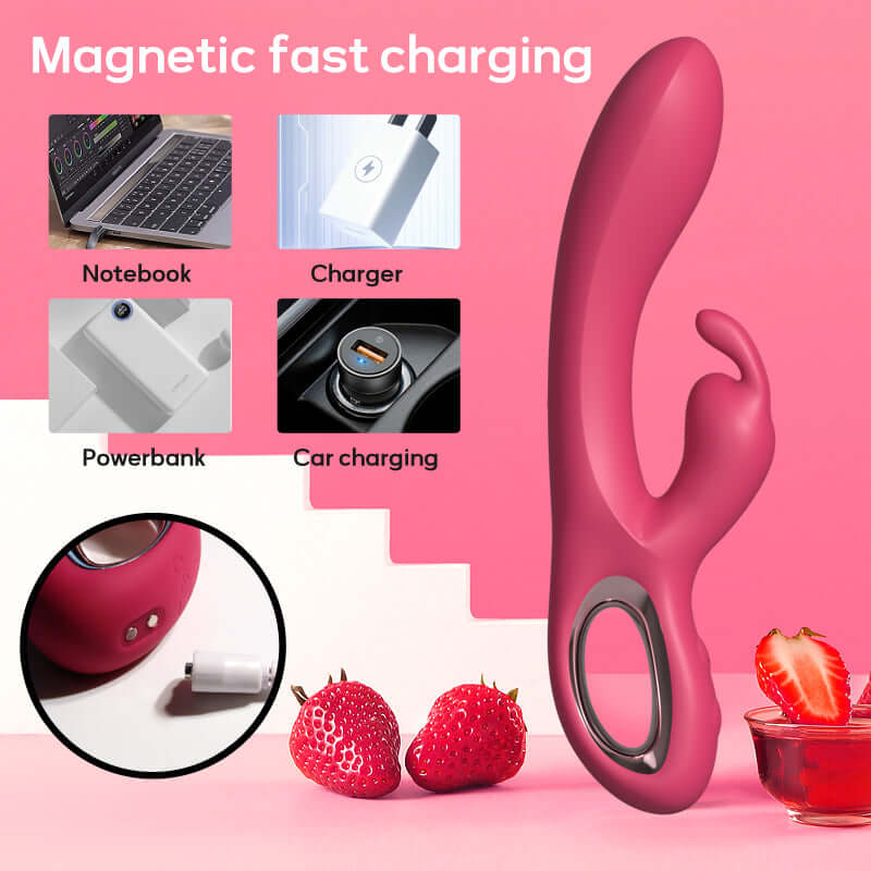 Buzz Bunny Rabbit Vibrator with magnetic fast charging, dual motors and vibrant pink design shown with notebook, charger, power bank, and car charging options.