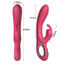 Red Buzz Bunny Rabbit Vibrator with dual motors, traditional rabbit ears, G-spot stimulator, and product dimensions shown.