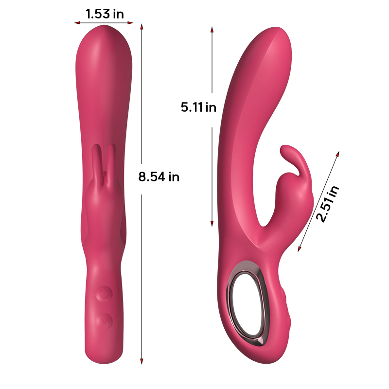 Red Buzz Bunny Rabbit Vibrator with dual motors, traditional rabbit ears, G-spot stimulator, and product dimensions shown.