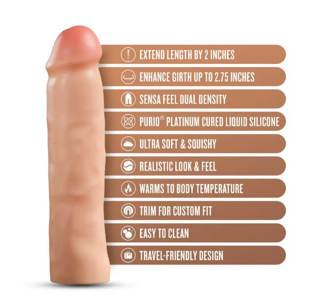 Silicone penis extender with dual density design, adds 2 inches in length, increases girth, realistic feel, travel-friendly.